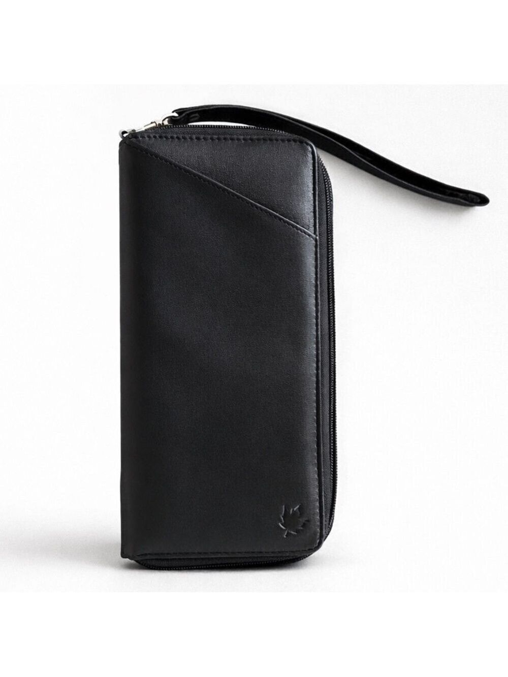 Genuine Leather Black Zip Around Wristlet Wallet